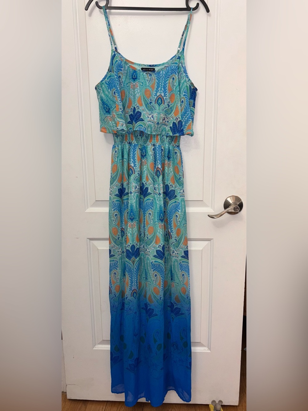 As U Wish Blue Teal Orange Paisley Maxi Dress